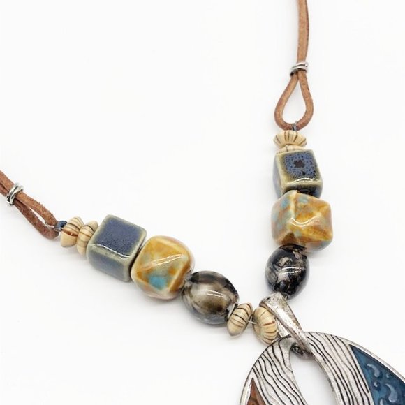 Vintage Artisan Enamel Pendant Necklace & Earrings Set with Ceramic Beads - Picture 8 of 11